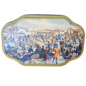 Vintage 1998 Currier & Ives Oval Tin Ice Skating Pond Scene Decorative Nostalgic